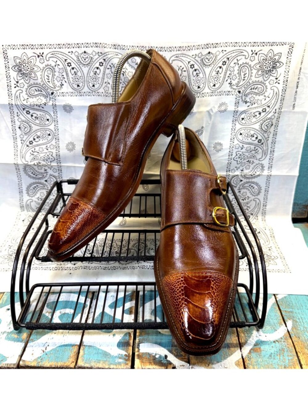 Belvedere Genuine Ostrich Brown Gorgeous Dress Shoe Double Monk Strap Sz 9.5 EUC